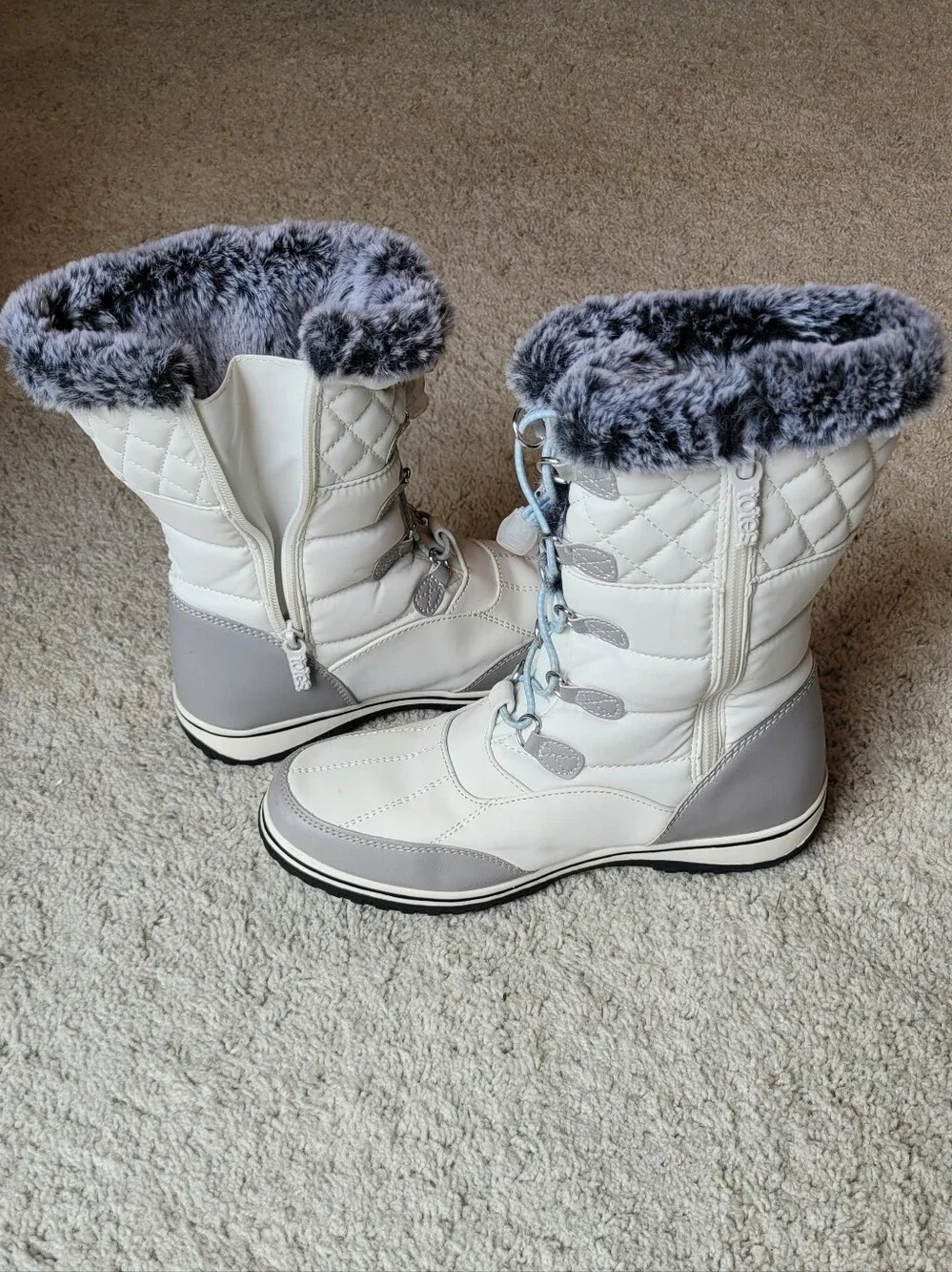 Totes womens Slip-on Waterproof Snow & Rain Boots Anchor Gray With Ice Blue Fur